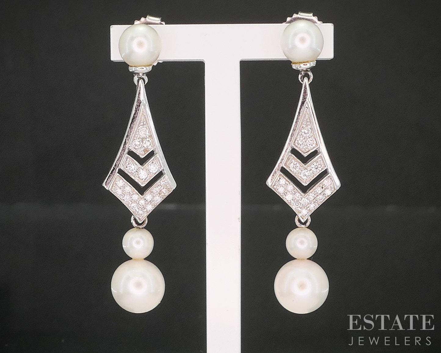 14k White Gold 4-7mm Akoya Pearl & Diamond Dangle Ladies Earrings 5.2g i20311