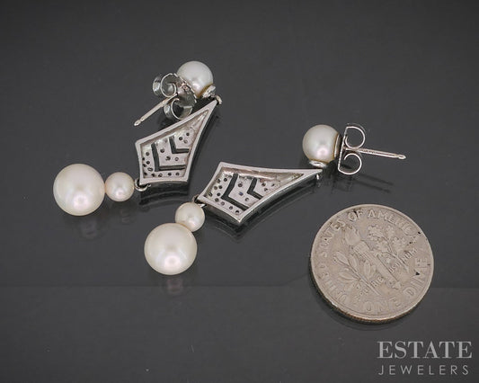 14k White Gold 4-7mm Akoya Pearl & Diamond Dangle Ladies Earrings 5.2g i20311