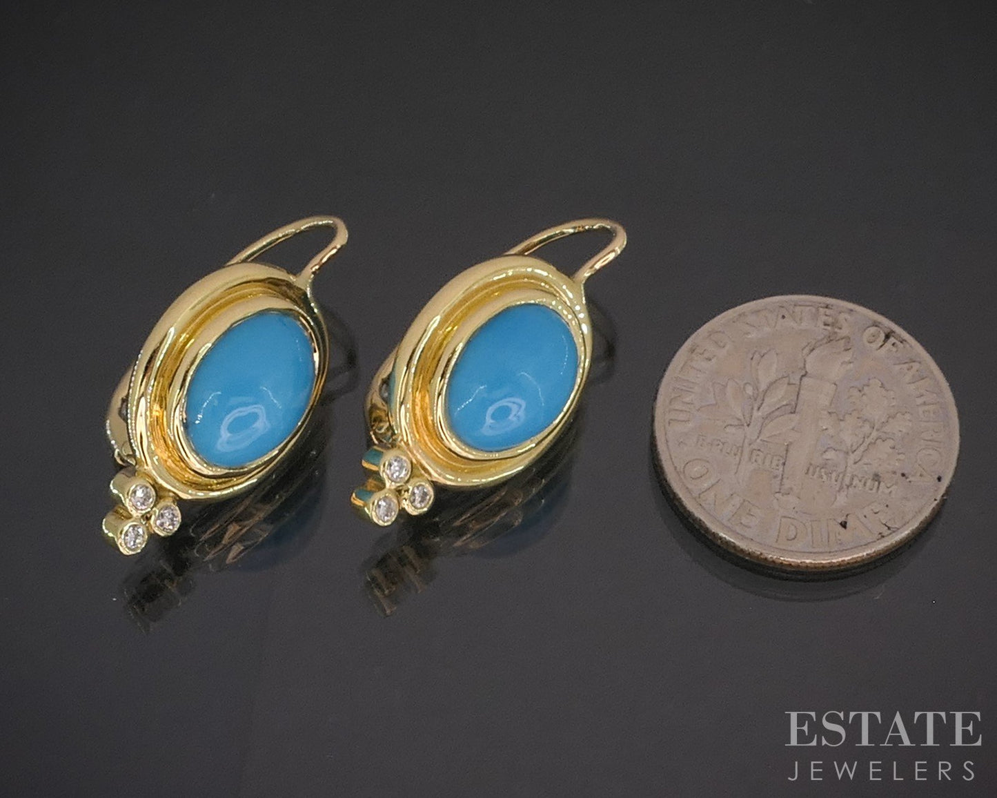 18k Yellow Gold Temple St. Clair Natural Turquoise & Diamond Earrings 6g i20304