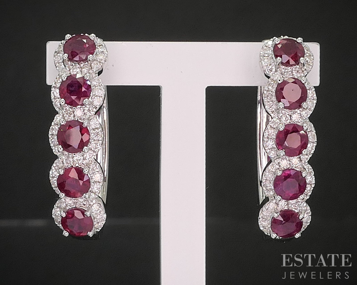 14k White Gold Natural Ruby & Diamond Hoop Ladies Earrings 6.4g i20307
