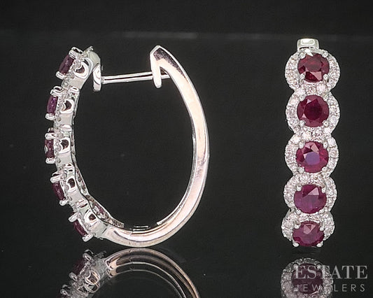 14k White Gold Natural Ruby & Diamond Hoop Ladies Earrings 6.4g i20307