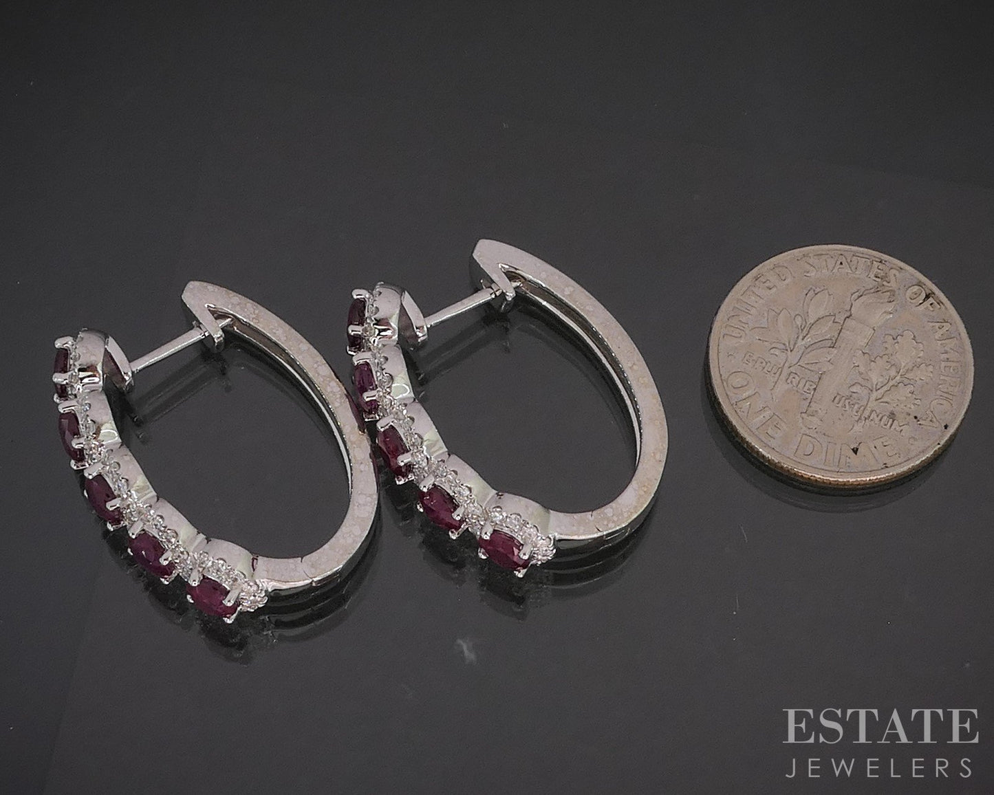 14k White Gold Natural Ruby & Diamond Hoop Ladies Earrings 6.4g i20307