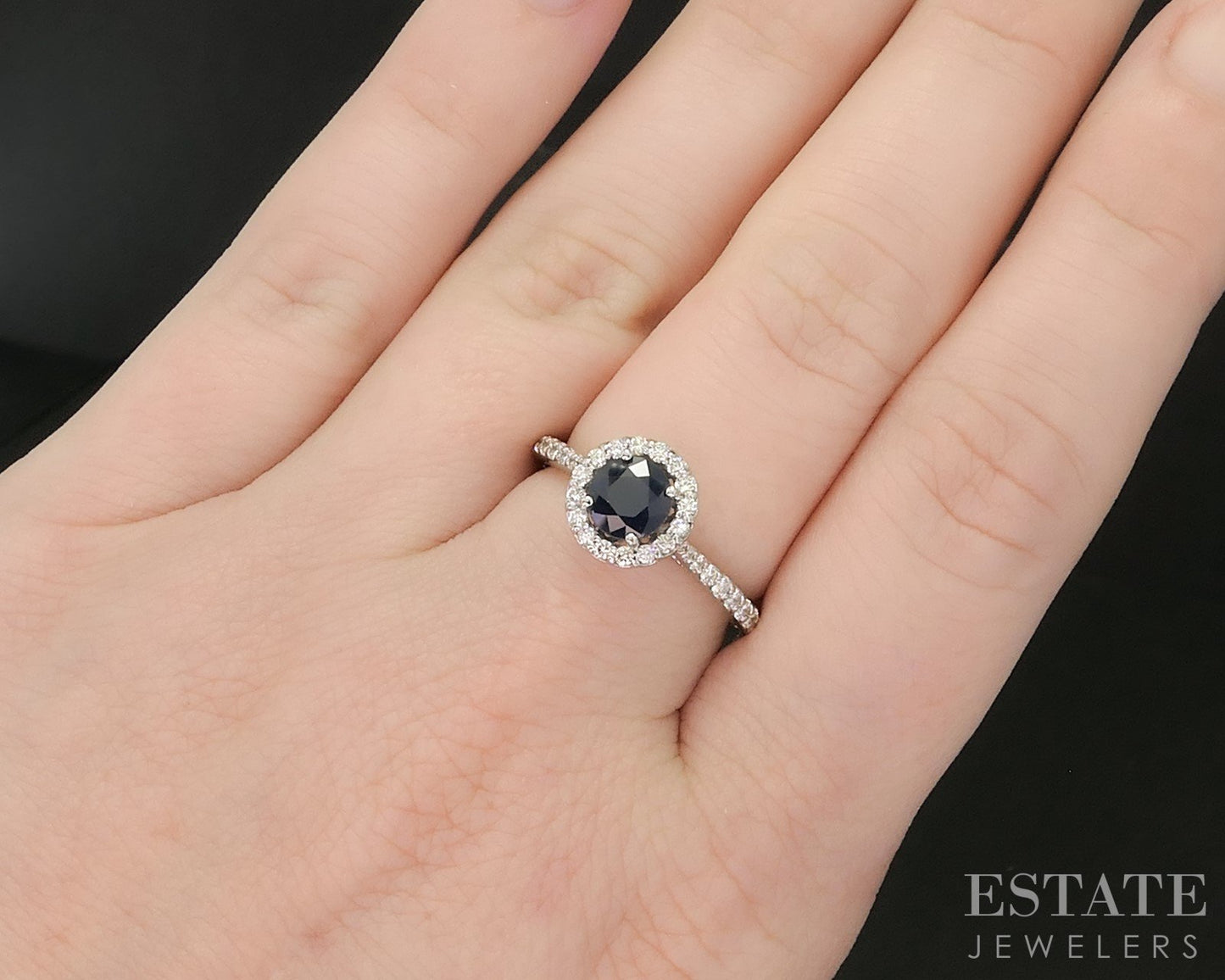 14k White Gold EFFY Natural Blue Sapphire & Diamond Halo Ladies Ring 3.1g i20295