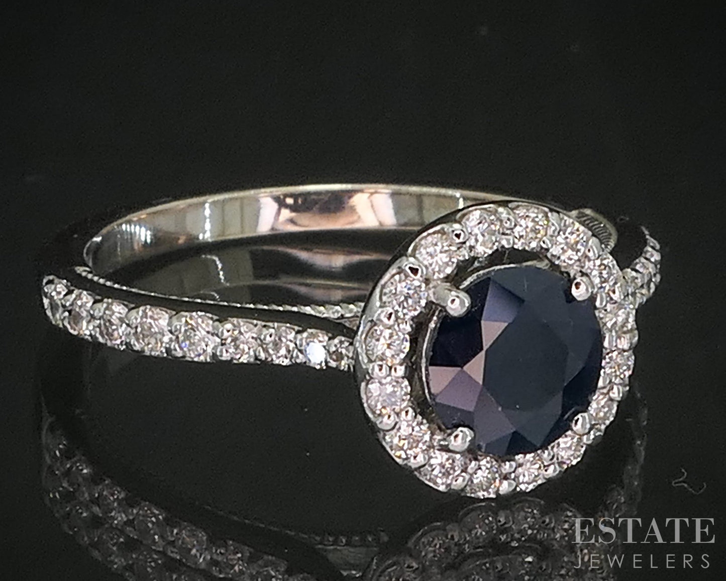 14k White Gold EFFY Natural Blue Sapphire & Diamond Halo Ladies Ring 3.1g i20295