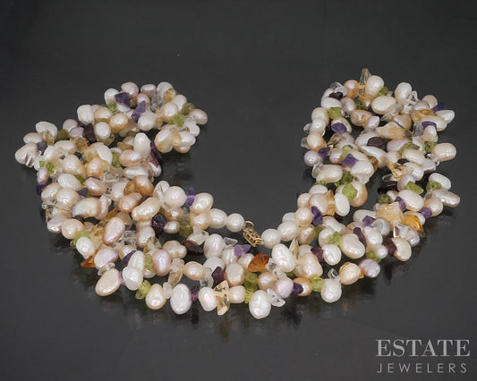 14k Yellow Gold Freshwater Pearl Gemstone Multi Strand Necklace 17.5"L i20166b