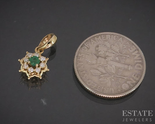 14k Yellow Gold Round Natural Emerald & Diamond Flower Pendant 0.7g i20172b