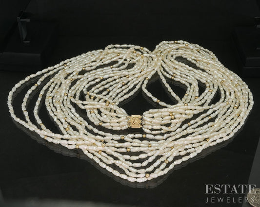 14k Yellow Gold Freshwater Pearl Beaded Multi Strand Necklace 32"L i20175b