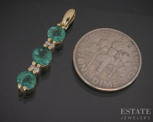 14k Yellow Gold Natural Emerald & Diamond Three Stone Pendant 1.8g i20346b