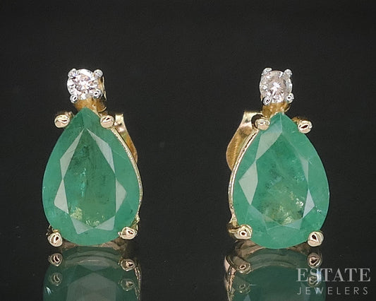 14k Yellow Gold Natural Emerald & Diamond Stud Earrings 1.2g i20358b