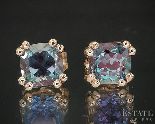 14k Yellow Gold Cushion Cut Alexandrite Stud Earrings 1.3g i20366b