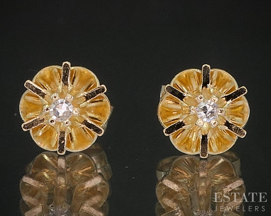 Antique 14k Yellow Gold Natural Diamond Buttercup Stud Earrings 0.5g i20368b
