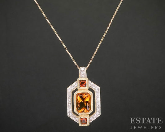 14k Yellow Gold Natural Citrine & Diamond Ladies Necklace 4.4g 18"L i20375