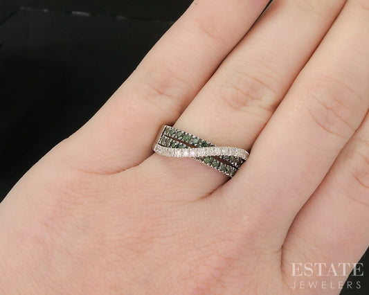 14k White Gold Natural Green & White Diamond Ladies Band Ring 4.7g i20377