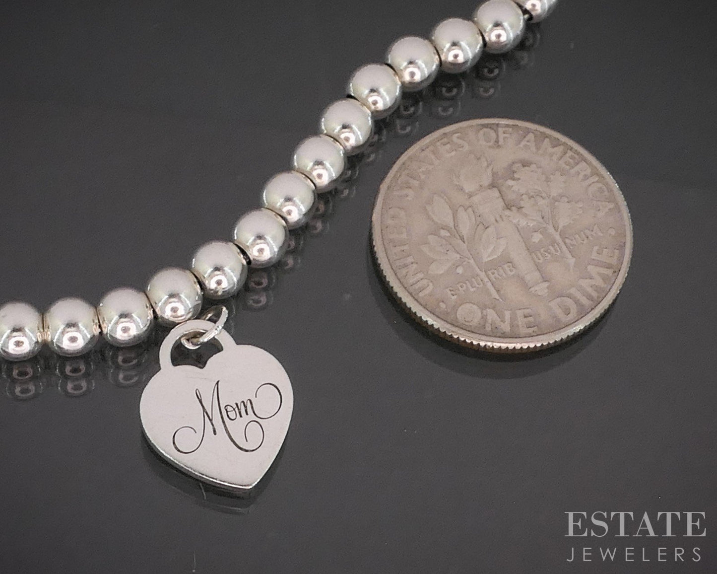 Sterling Tiffany & Co. MOM Mini Heart Tag Beaded Bracelet 5.7g 6.5"L i20371