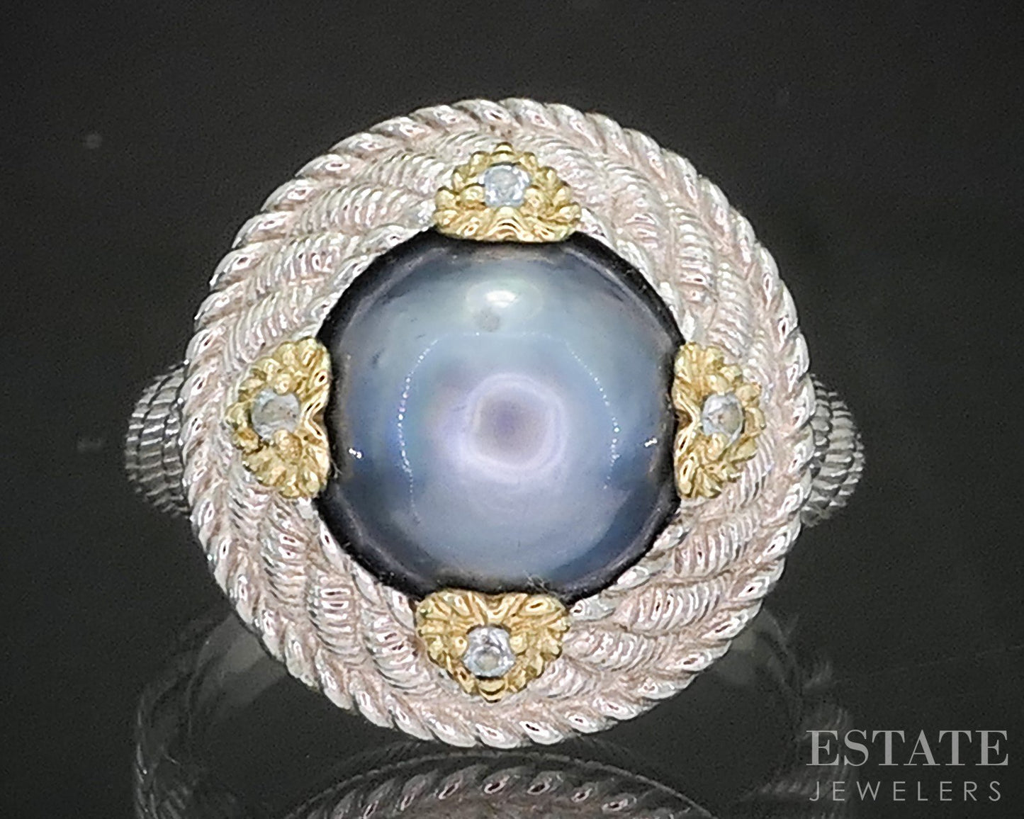 Sterling Silver Judith Ripka Black Pearl & Blue Topaz Ladies Ring 12.8g i20388