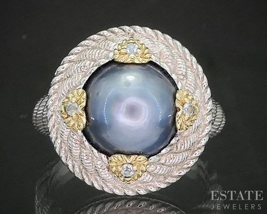 Sterling Silver Judith Ripka Black Pearl & Blue Topaz Ladies Ring 12.8g i20388