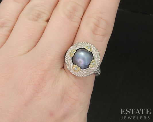 Sterling Silver Judith Ripka Black Pearl & Blue Topaz Ladies Ring 12.8g i20388