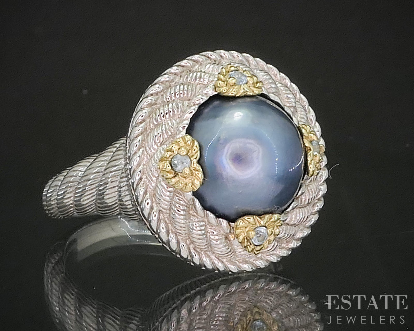 Sterling Silver Judith Ripka Black Pearl & Blue Topaz Ladies Ring 12.8g i20388