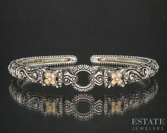 18k & Sterling Barbara Bixby Flower Scroll Ladies Cuff Bracelet 29.2g i20391