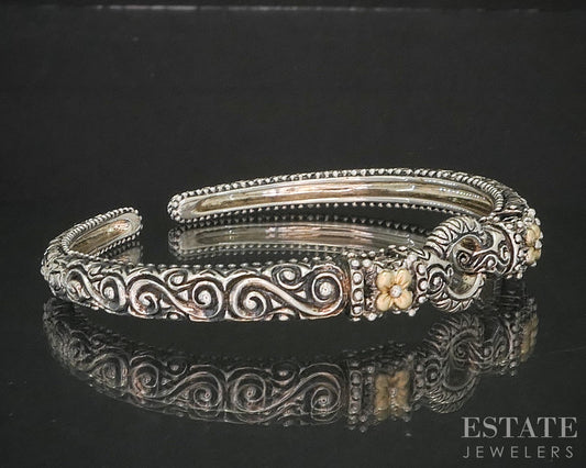 18k & Sterling Barbara Bixby Flower Scroll Ladies Cuff Bracelet 29.2g i20391