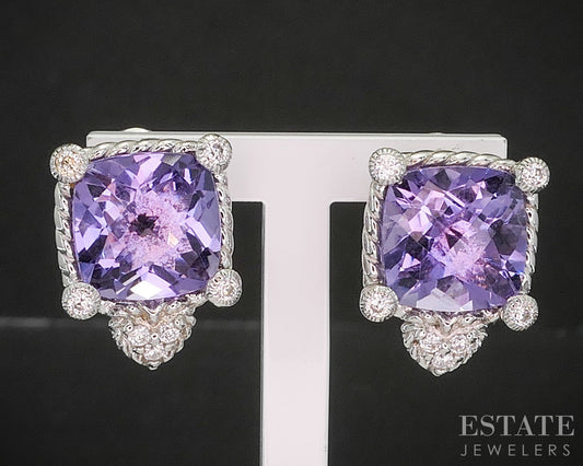 Sterling Silver Judith Ripka Natural Amethyst & CZ Ladies Earrings 8g i20397