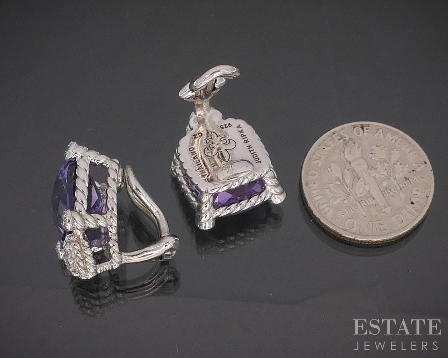 Sterling Silver Judith Ripka Natural Amethyst & CZ Ladies Earrings 8g i20397
