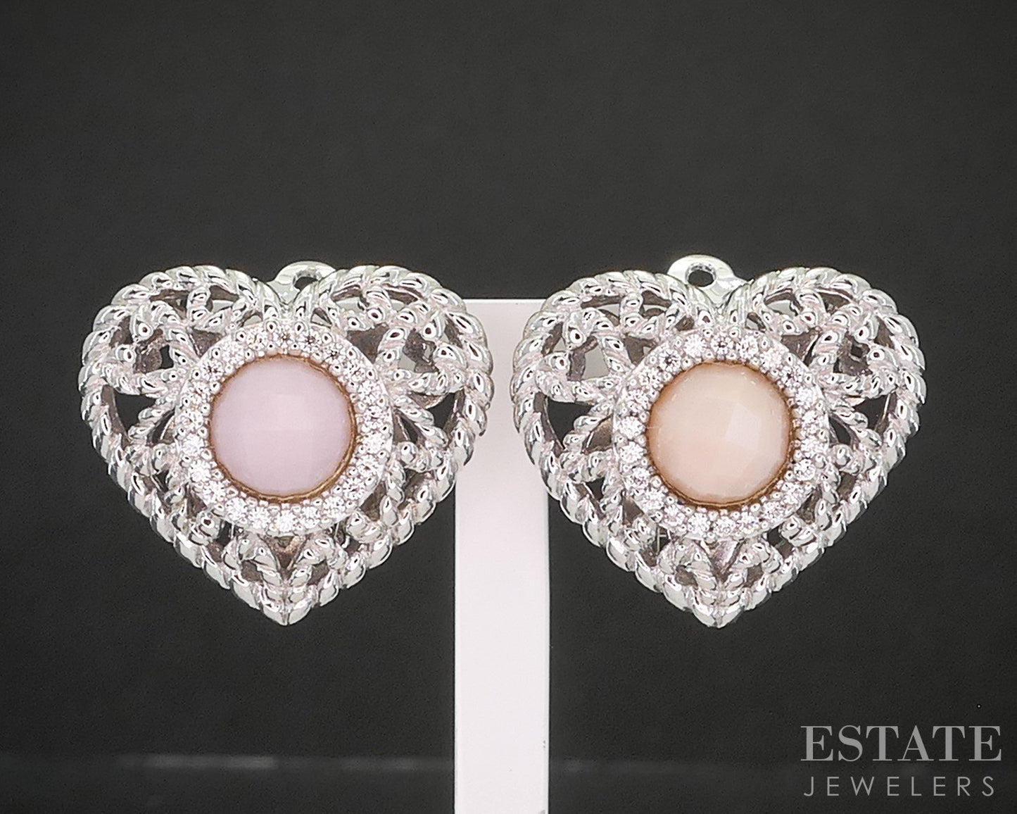 Sterling Silver Judith Ripka Natural Rose Quartz & CZ Heart Earrings 13g i20405