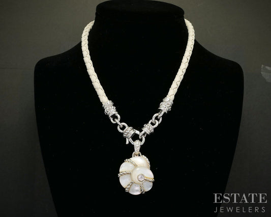 Sterling Judith Ripka Mother of Pearl CZ Seashell Leather Necklace 40g i20393