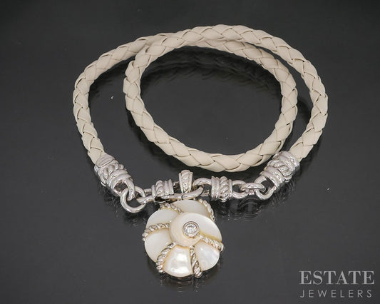 Sterling Judith Ripka Mother of Pearl CZ Seashell Leather Necklace 40g i20393