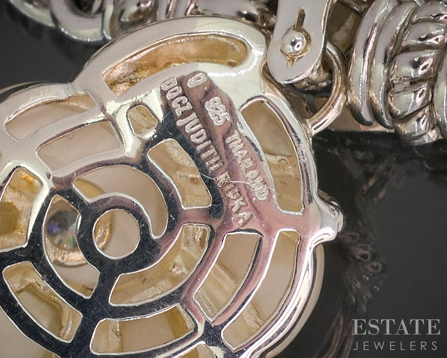 Sterling Judith Ripka Mother of Pearl CZ Seashell Leather Necklace 40g i20393