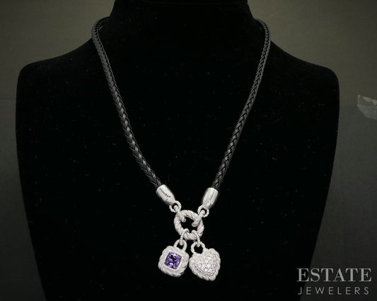 Sterling Judith Ripka Amethyst CZ Heart Charm Leather Necklace 25g i20403