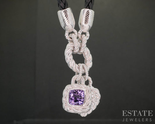 Sterling Judith Ripka Amethyst CZ Heart Charm Leather Necklace 25g i20403