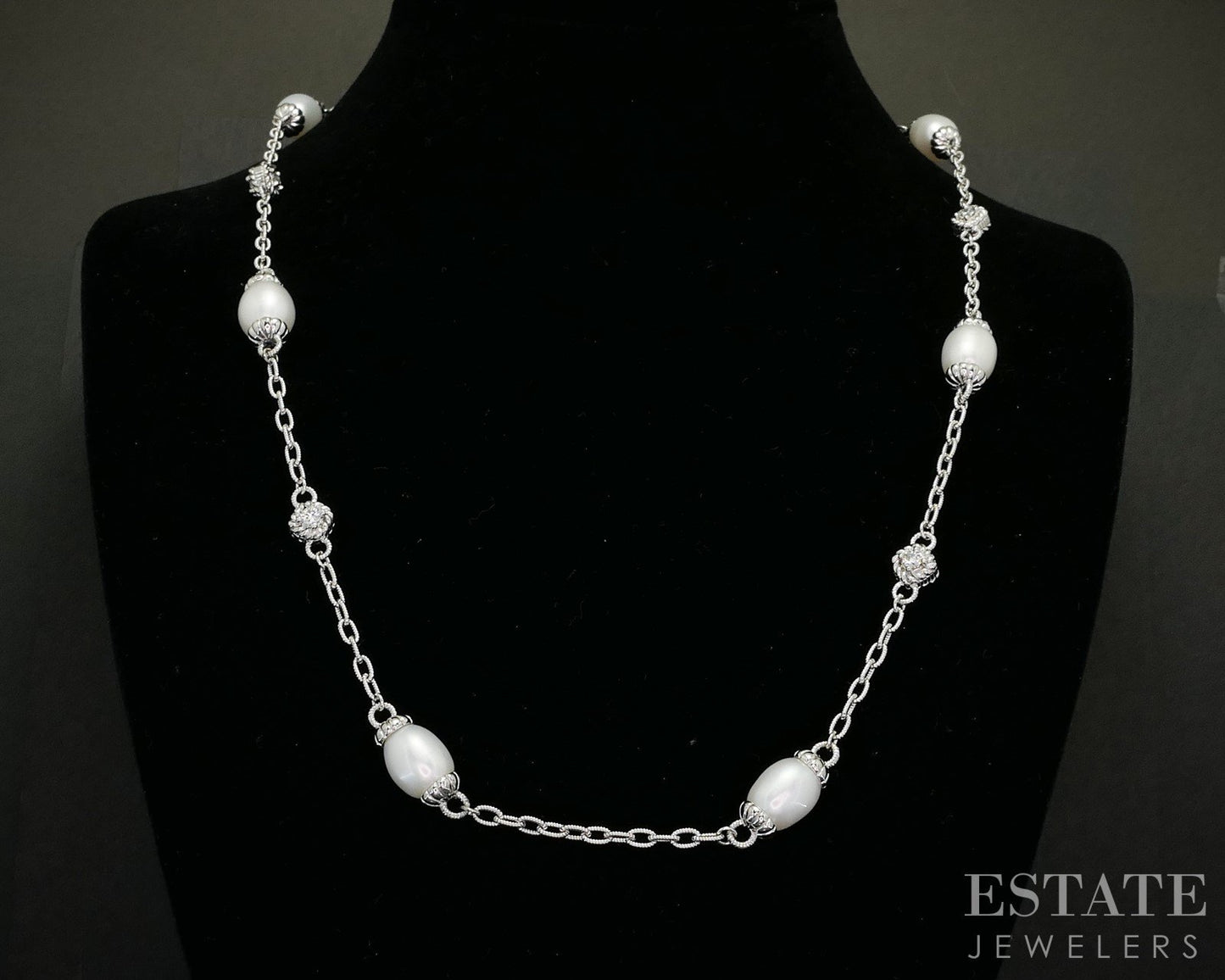 Sterling Judith Ripka Cultured Pearl & CZ Cable Link Necklace 29g 22"L i20408