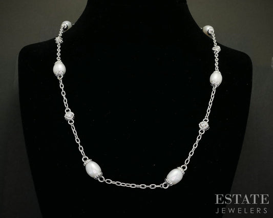 Sterling Judith Ripka Cultured Pearl & CZ Cable Link Necklace 29g 22"L i20408