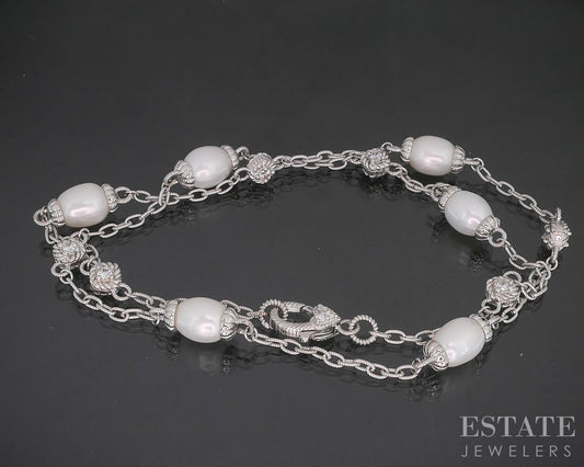 Sterling Judith Ripka Cultured Pearl & CZ Cable Link Necklace 29g 22"L i20408