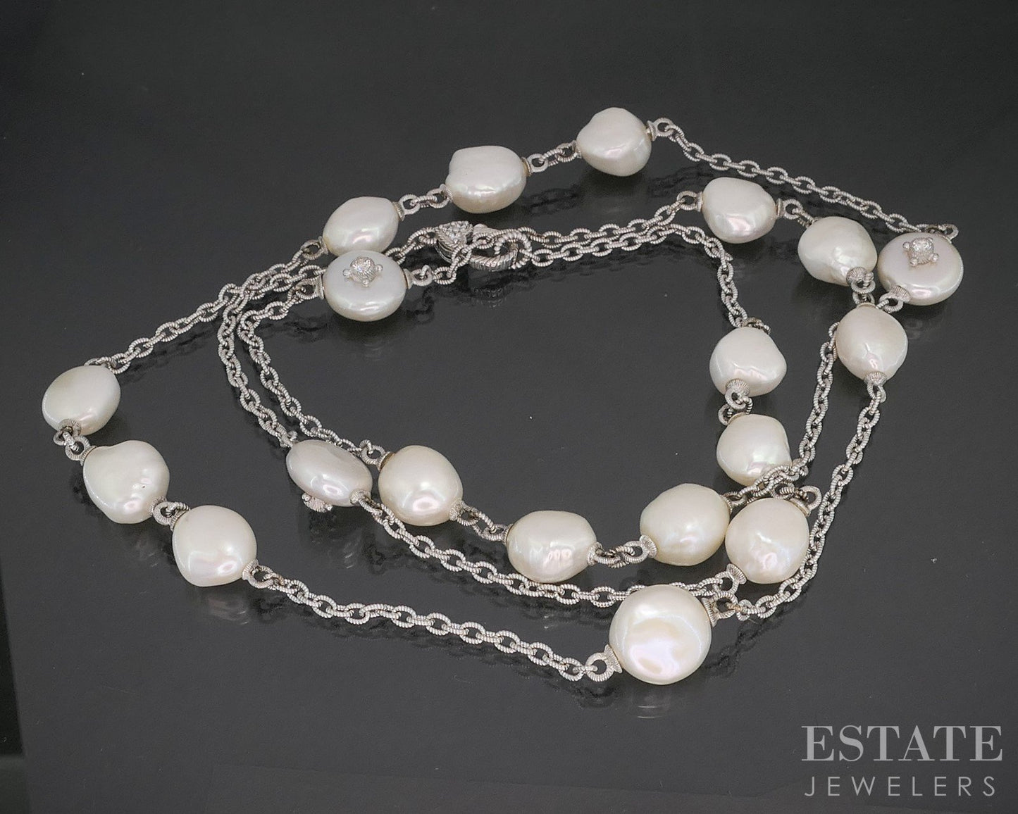 Sterling Judith Ripka Freshwater Pearl & CZ Cable Link Necklace 47g 36"L i20407