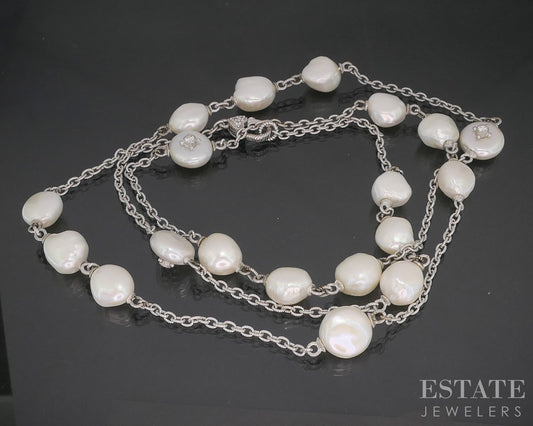Sterling Judith Ripka Freshwater Pearl & CZ Cable Link Necklace 47g 36"L i20407