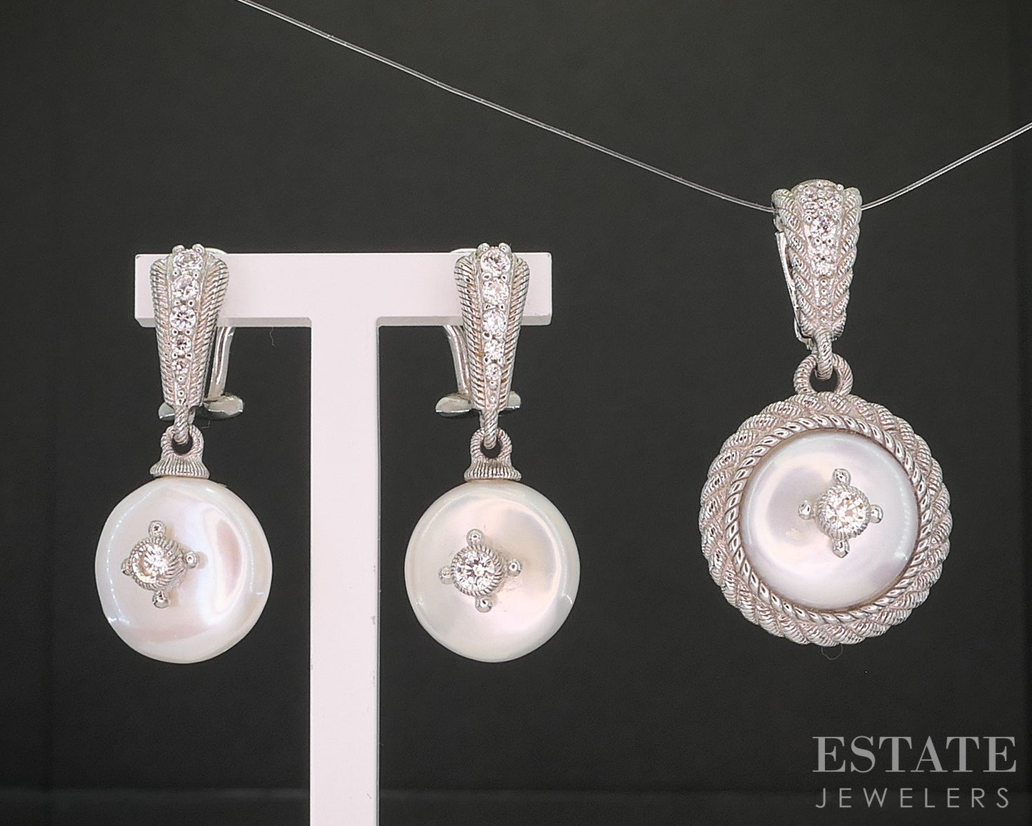 Sterling Judith Ripka Mabe Pearl & CZ Clip On Earrings & Pendant Set 15g i20411