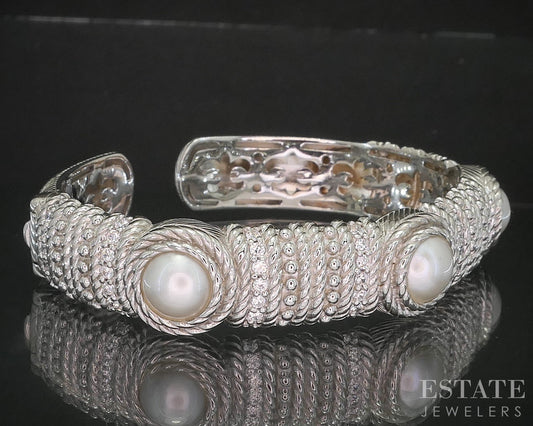 Sterling Judith Ripka Mabe Pearl & CZ Cable Hinged Cuff Bracelet 52.4g i20456