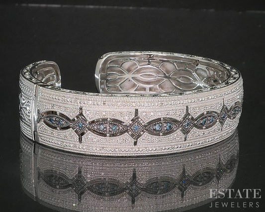 Sterling Silver Natural Blue & White Diamond Ladies Cuff Bracelet 49.2g i20455