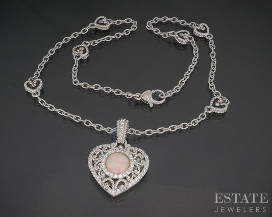 Sterling Silver Judith Ripka Natural Rose Quartz & CZ Heart Necklace 33g i20454