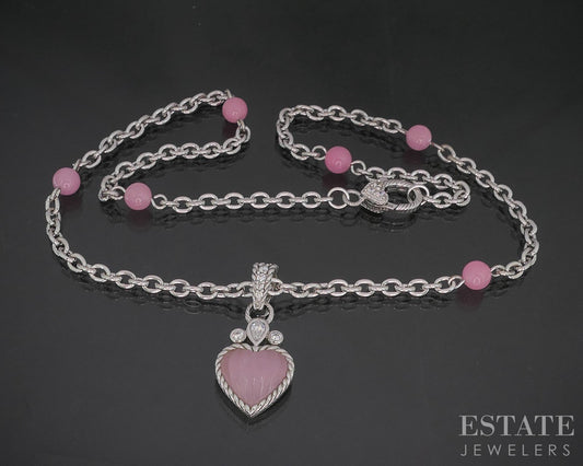 Sterling Silver Judith Ripka Natural Rose Quartz & CZ Heart Necklace 22g i20453