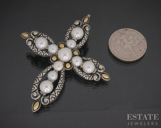 18k & Sterling Barbara Bixby Cultured Pearl Cross Ladies Pendant 11.7g i20447