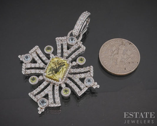 Sterling Silver Judith Ripka Multi Gem Maltese Cross Pendant 11.5g i20444