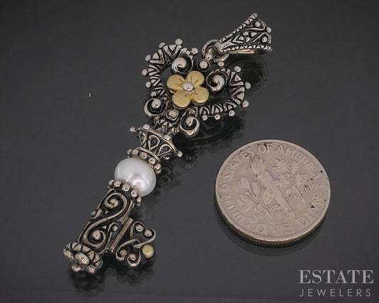 18k & Sterling Barbara Bixby Cultured Pearl Key Ladies Pendant 7.7g i20441