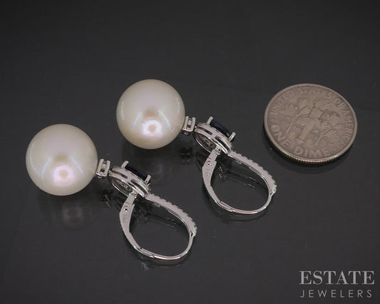 14k White Gold 12.5mm Pearl Blue Sapphire & Diamond Earrings 8.2g i20418