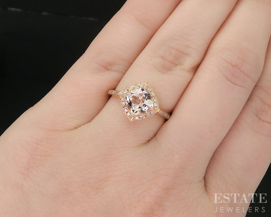 14k Rose Gold Cushion Natural Morganite & Diamond Halo Ladies Ring 1.9g i20414