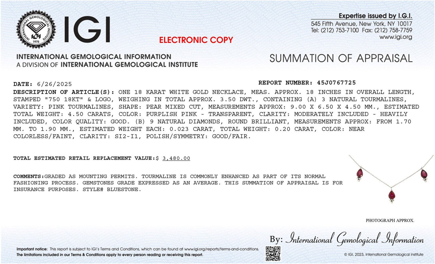 18k White Gold IGI Natural Pink Tourmaline & Diamond Dangle Earrings 3.2g i20436