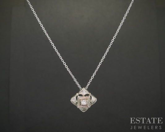 Antique Art Deco 18k White Gold OEC Natural .10ct Diamond Necklace 3.0g i20486