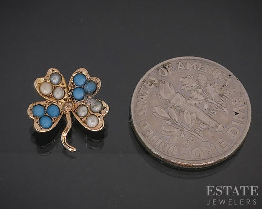 Antique 10k Yellow Gold Seed Pearl Turquoise Clover Charm Pendant 0.7g i20462